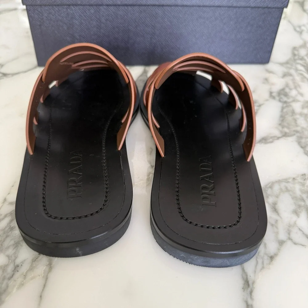 Prada 2X3145 Cognac Leather Fisherman's Mules Sandals Shoes, Sz. US 8.5 (UK 7.5)